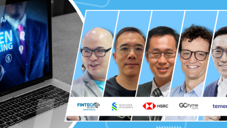 Collage showing five smiling men in professional attire, set against a digital screen with 'Open Banking' text. Includes logos of various financial institutions like Standard Chartered, HSBC, and GoTyme Bank, conveying a theme of fintech collaboration.