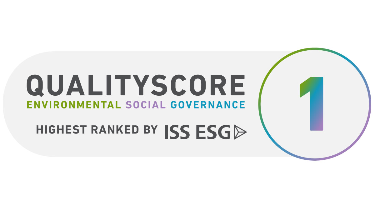 "QualityScore badge by ISS ESG featuring a large number 1 in a gradient circle. Highlights 'Environmental Social Governance' with emphasis on scoring."