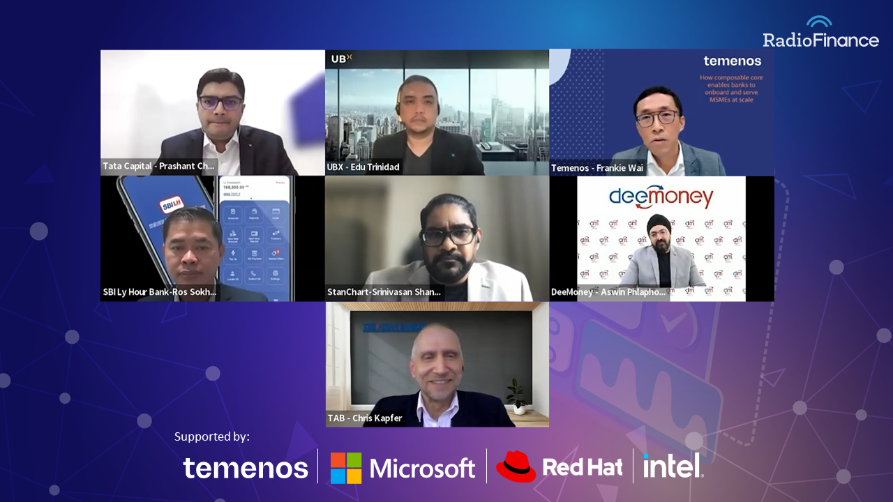 Seven professionals in a virtual conference panel discuss financial technology. The backdrop features logos like RadioFinance and Temenos, with a supportive tone.