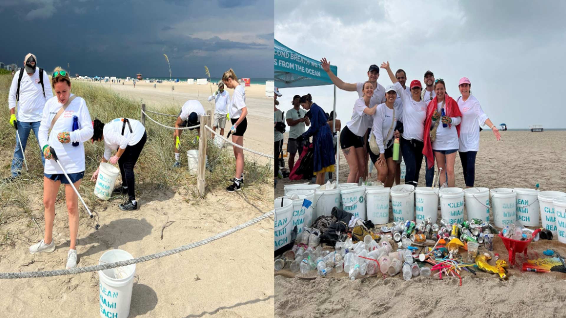 Volunteers on a beach participate in a cleanup event. One group collects litter in grassy areas under a stormy sky, while another poses cheerfully with full buckets of trash.
