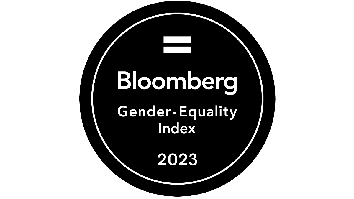 Black circular logo with a white equal sign, featuring text: "Bloomberg Gender-Equality Index 2023." Represents commitment to gender equality.