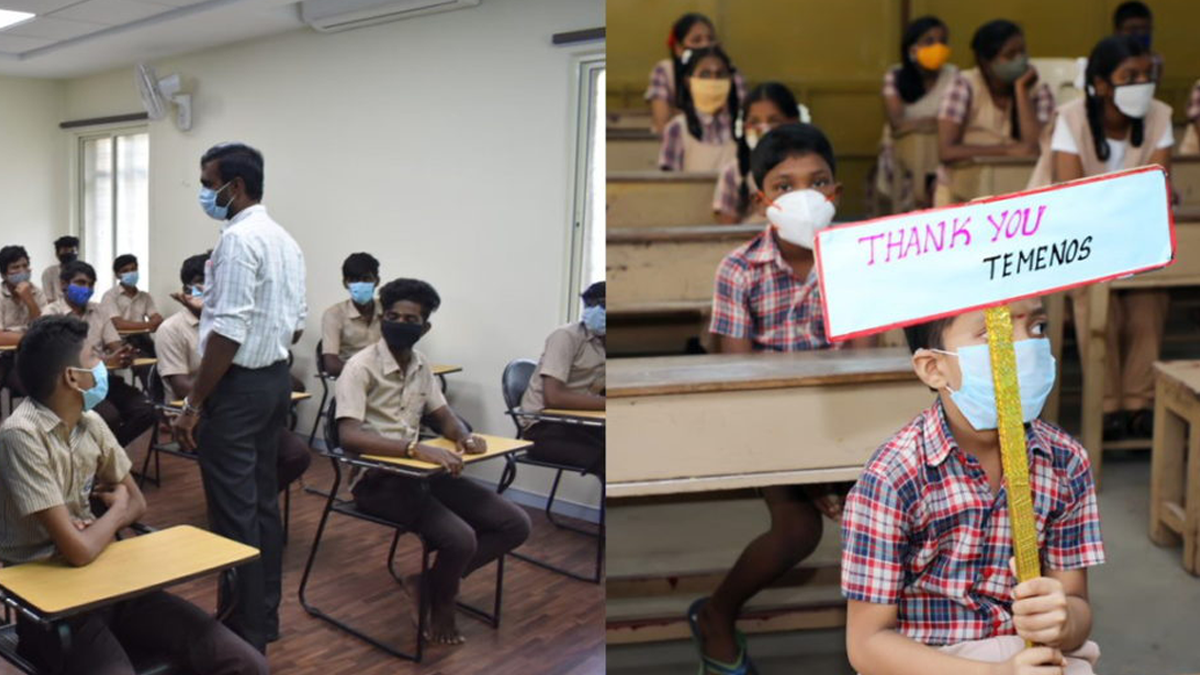 Students in uniforms sit in classrooms, wearing masks. On the right, a child holds a sign reading "Thank you Temenos," conveying gratitude and attentiveness.