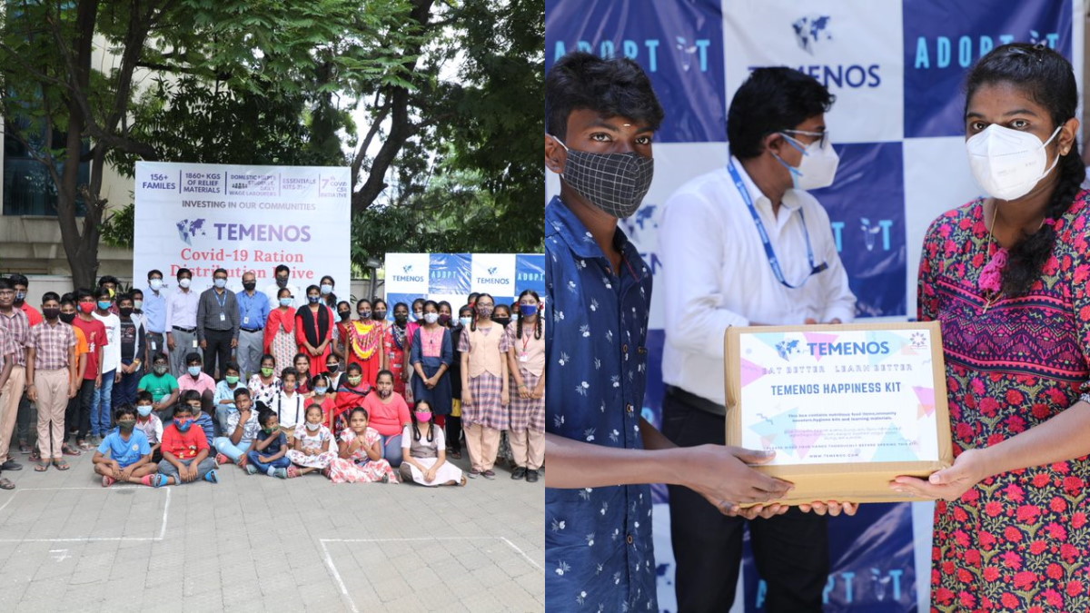 Group photo of people wearing masks at a COVID-19 relief event and two individuals exchanging a "Temenos Happiness Kit," conveying unity and support.