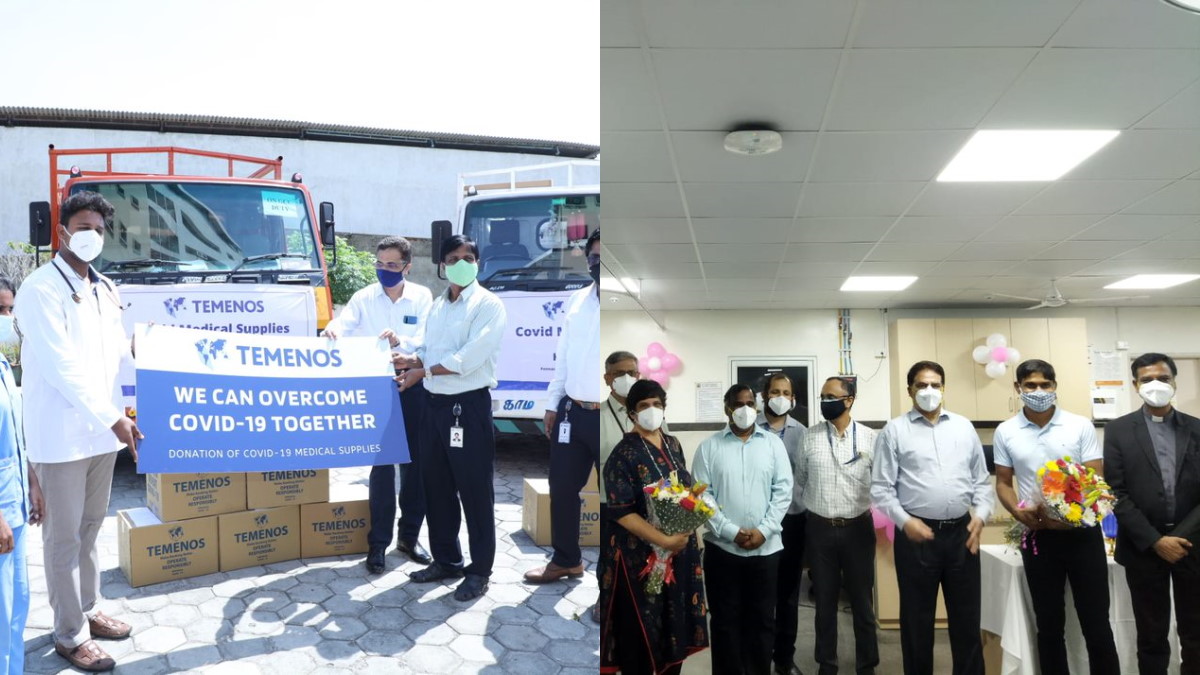 Two images side by side: Left shows people in masks with a truck, holding a sign about COVID-19 supply donation. Right shows a group indoors with flowers, smiling.