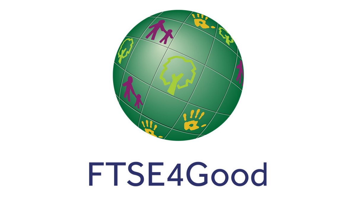 Green globe with icons of people, trees, and handprints, symbolizing sustainability. "FTSE4Good" text below suggests a financial focus on ethics.