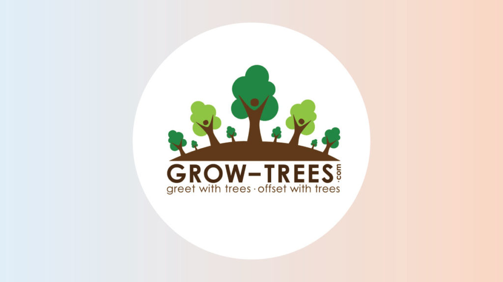 Logo of Grow-Trees.com featuring stylized green trees on a brown hill and text "Greet with trees, offset with trees," on a gradient background.