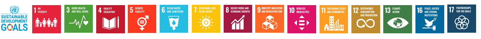 A row of colorful icons representing the 17 United Nations Sustainable Development Goals, each with a unique symbol and title, from poverty to partnerships.