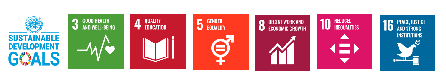 Icons representing six UN Sustainable Development Goals: health, education, gender equality, economic growth, reduced inequalities, and peace. Each icon is distinct in color and symbol.