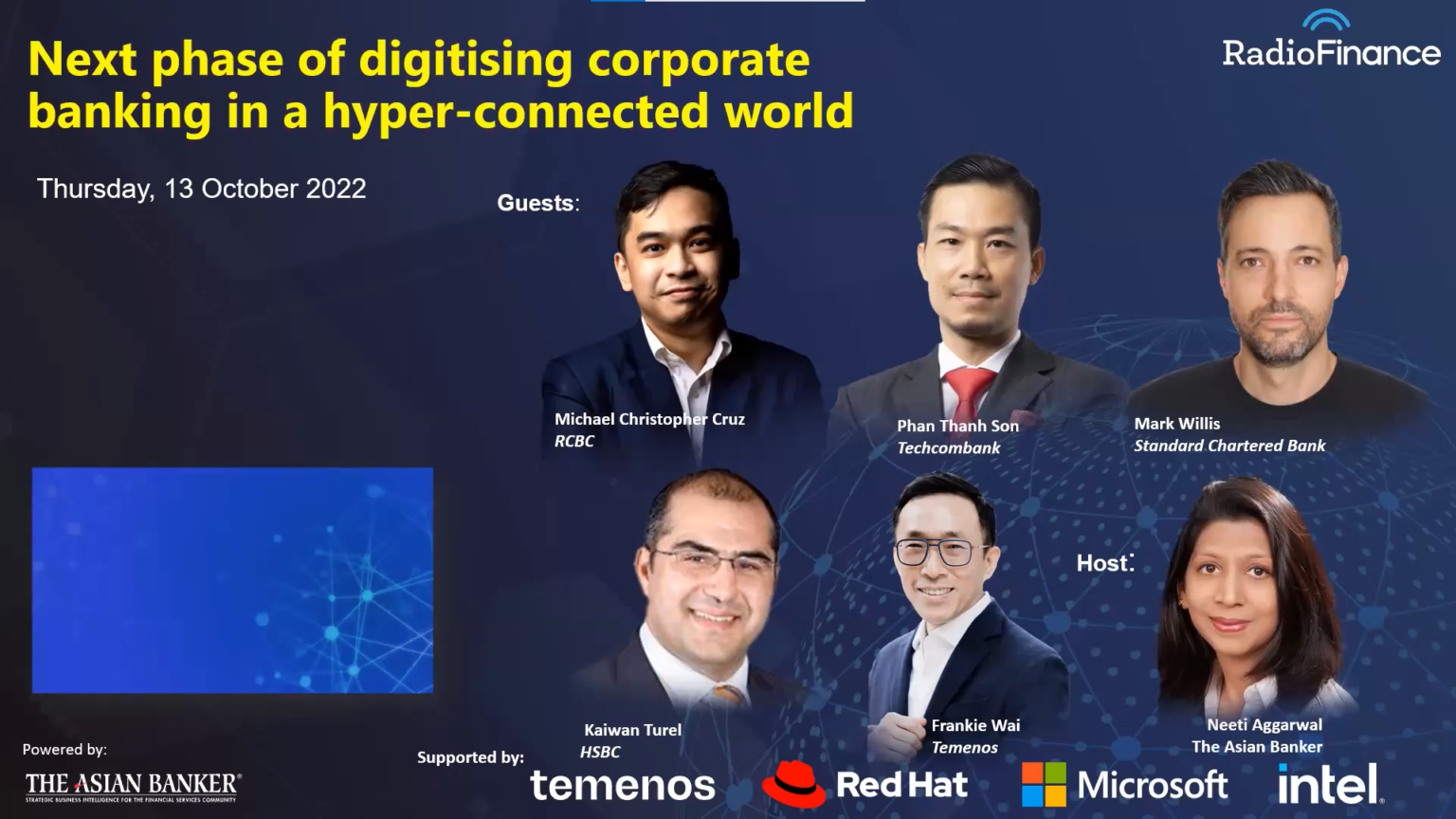 Webinar banner titled 'Next phase of digitising corporate banking in a hyper-connected world' with guest headshots from RCBC, Techcombank, and Standard Chartered Bank, hosted by The Asian Banker. Event date: October 13, 2022. Supported by Temenos, Red Hat, Microsoft, and Intel. Background shows a digital network graphic conveying futuristic tech themes.