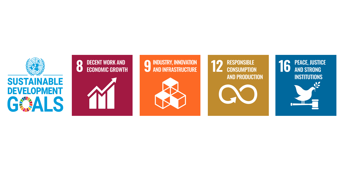 Four Sustainable Development Goals icons with numbers and titles: 8 (growth), 9 (innovation), 12 (consumption), 16 (peace). Vibrant colors.