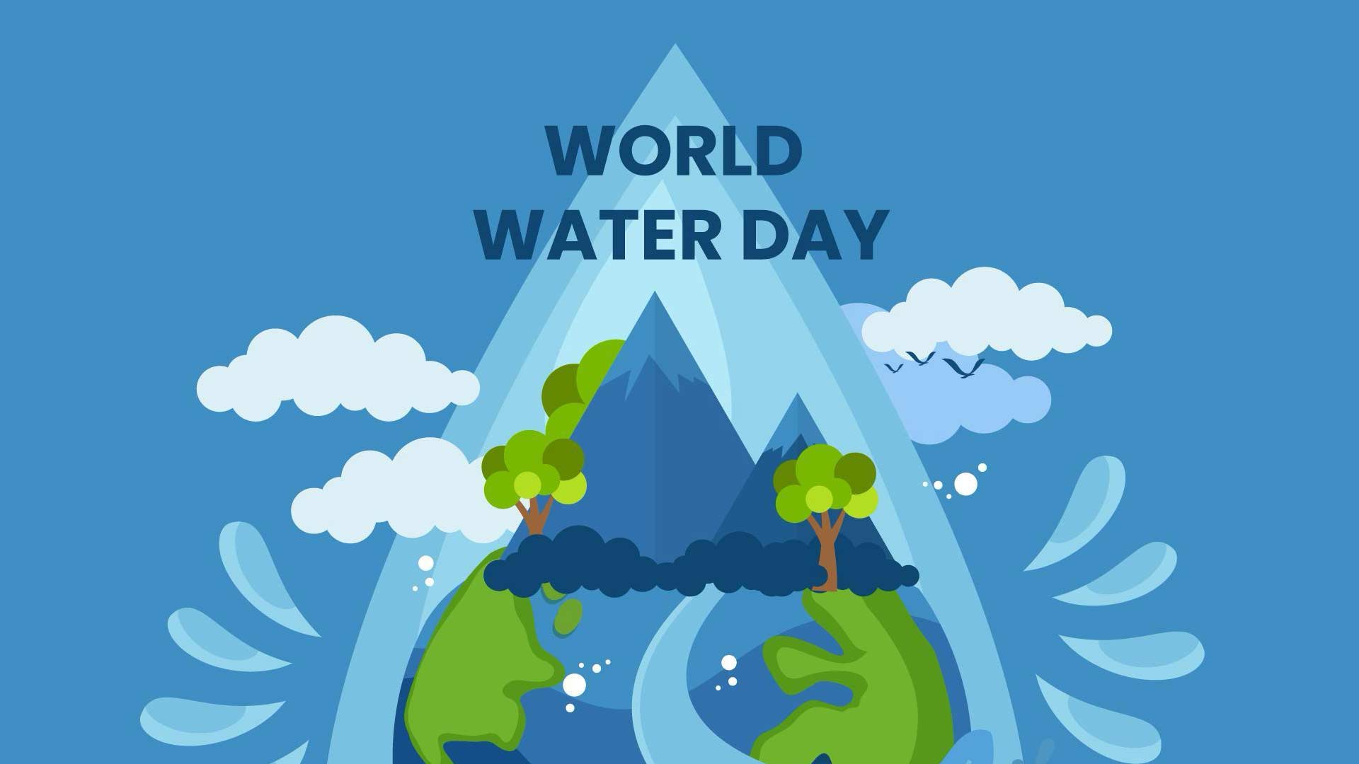 Illustration for World Water Day with a large water droplet, mountains, trees, and Earth. Clouds and birds adorn the blue background. Tone is celebratory.