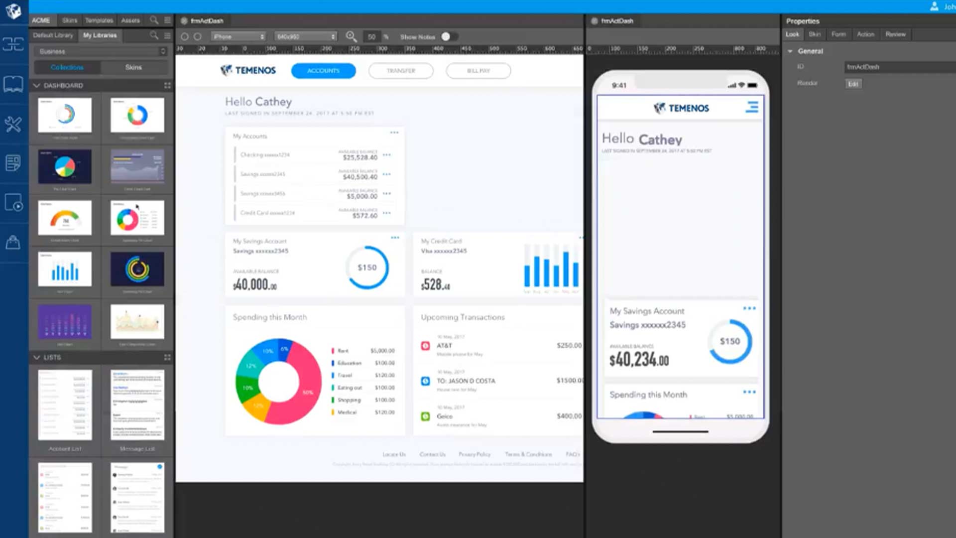 Split-screen interface showcasing a dashboard design for both desktop and mobile. Displays account balances, pie charts, and transaction summaries.
