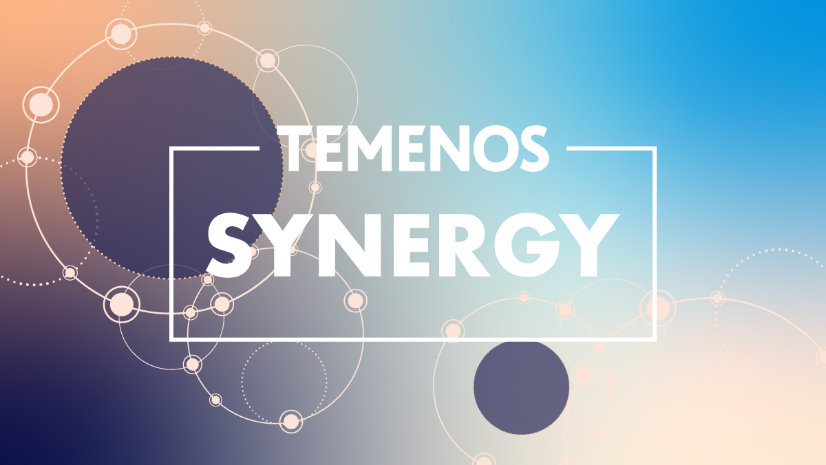 Abstract design with circles connected by lines on a gradient blue to peach background. "TEMENOS SYNERGY" is centered in bold white text, conveying collaboration.