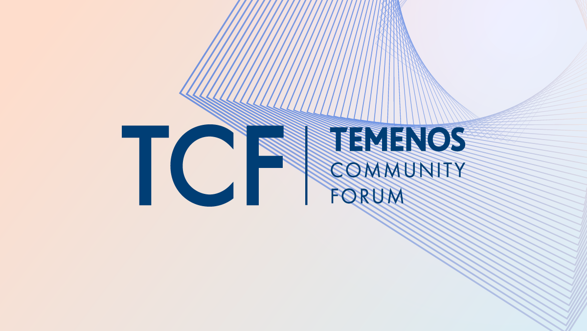 Blue text "TCF Temenos Community Forum" on a gradient background of peach to light blue, overlaid with geometric blue lines creating a dynamic pattern.