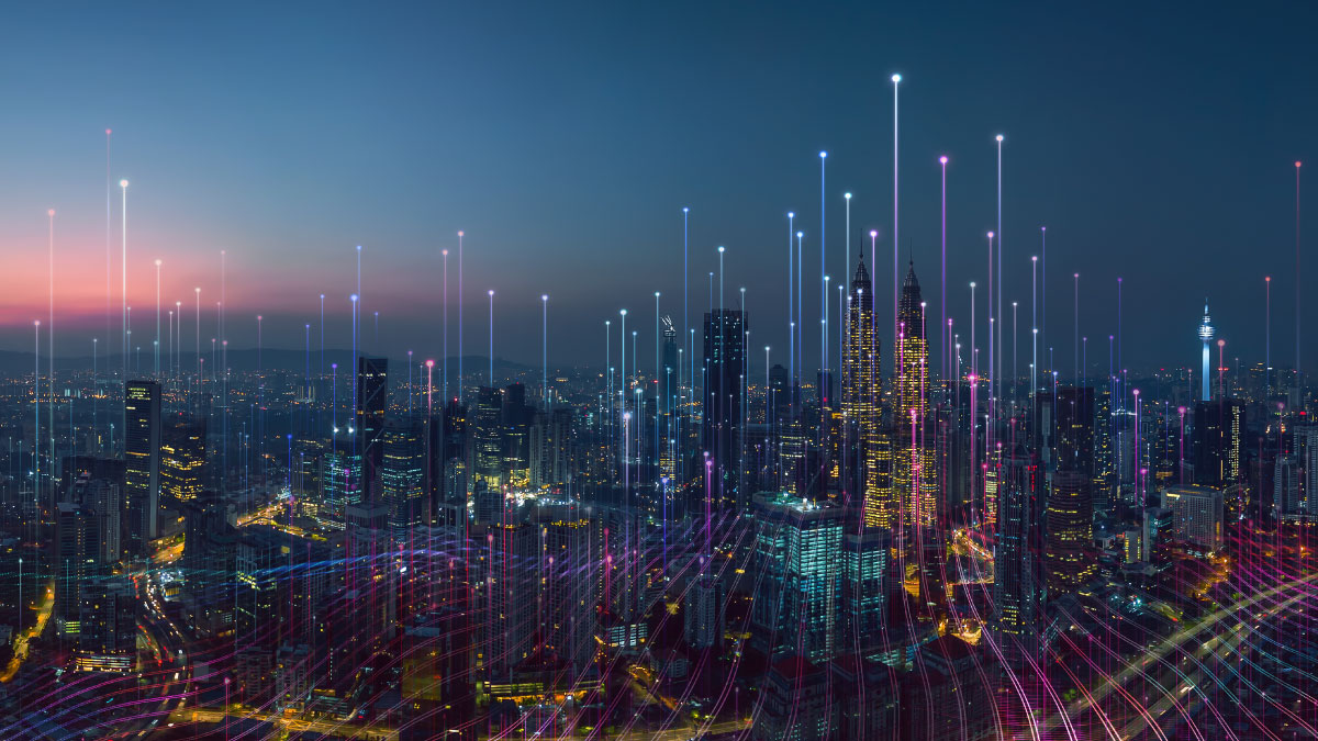 Modern cityscape at dusk with skyscrapers illuminated. Digital lines connect buildings, symbolizing technology and connectivity. Futuristic ambiance.