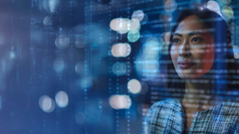Woman staring at digital wall of characters
