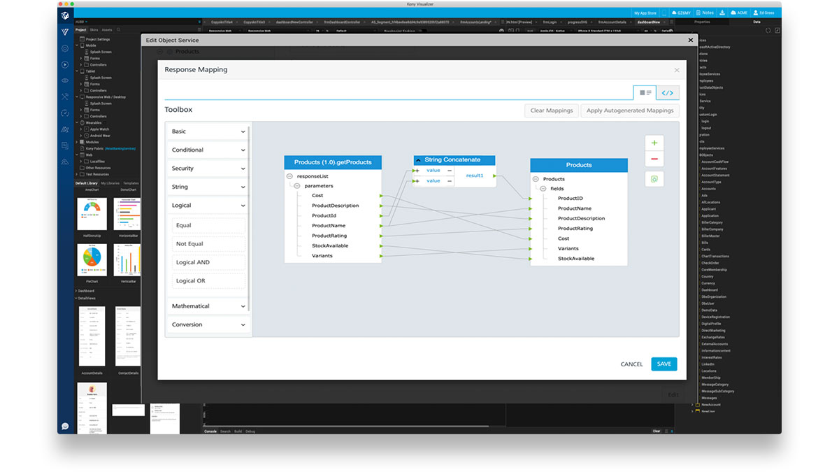 A software interface showing response mapping. It connects parameters in "Products (1,0) getProducts" to fields in "Products" with arrows. Options in a toolbox are on the left.