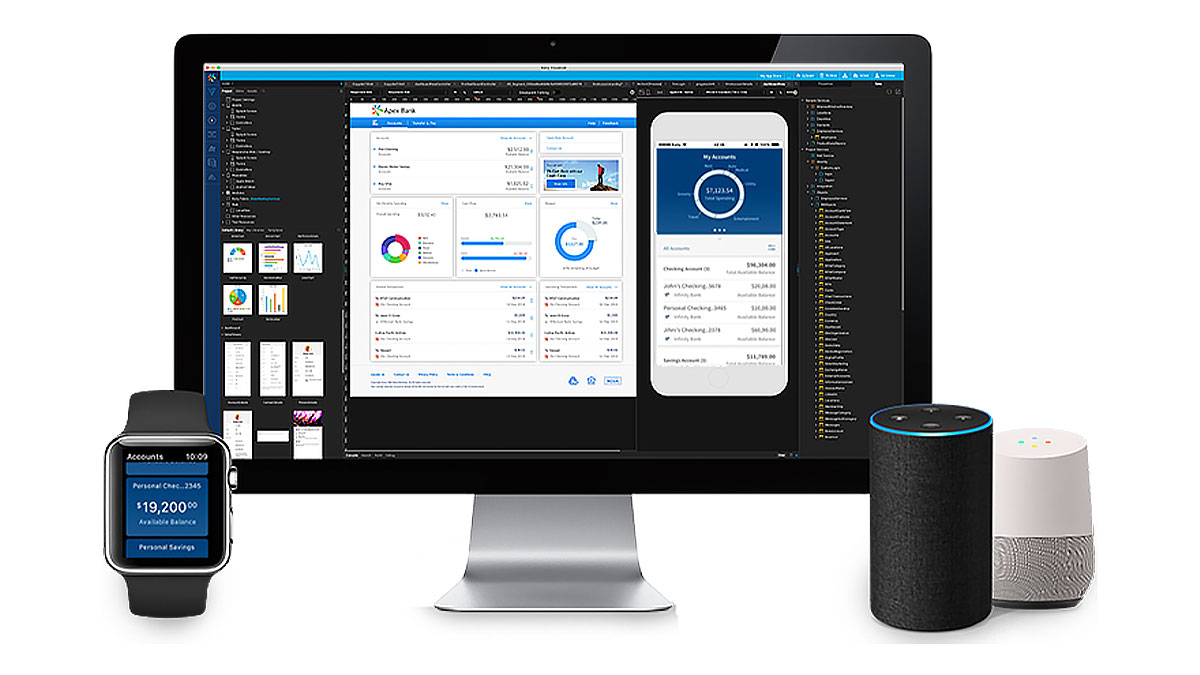 An array of tech devices shows a smart watch, computer displaying banking apps, smartphone, and smart speakers, conveying a digital finance theme.