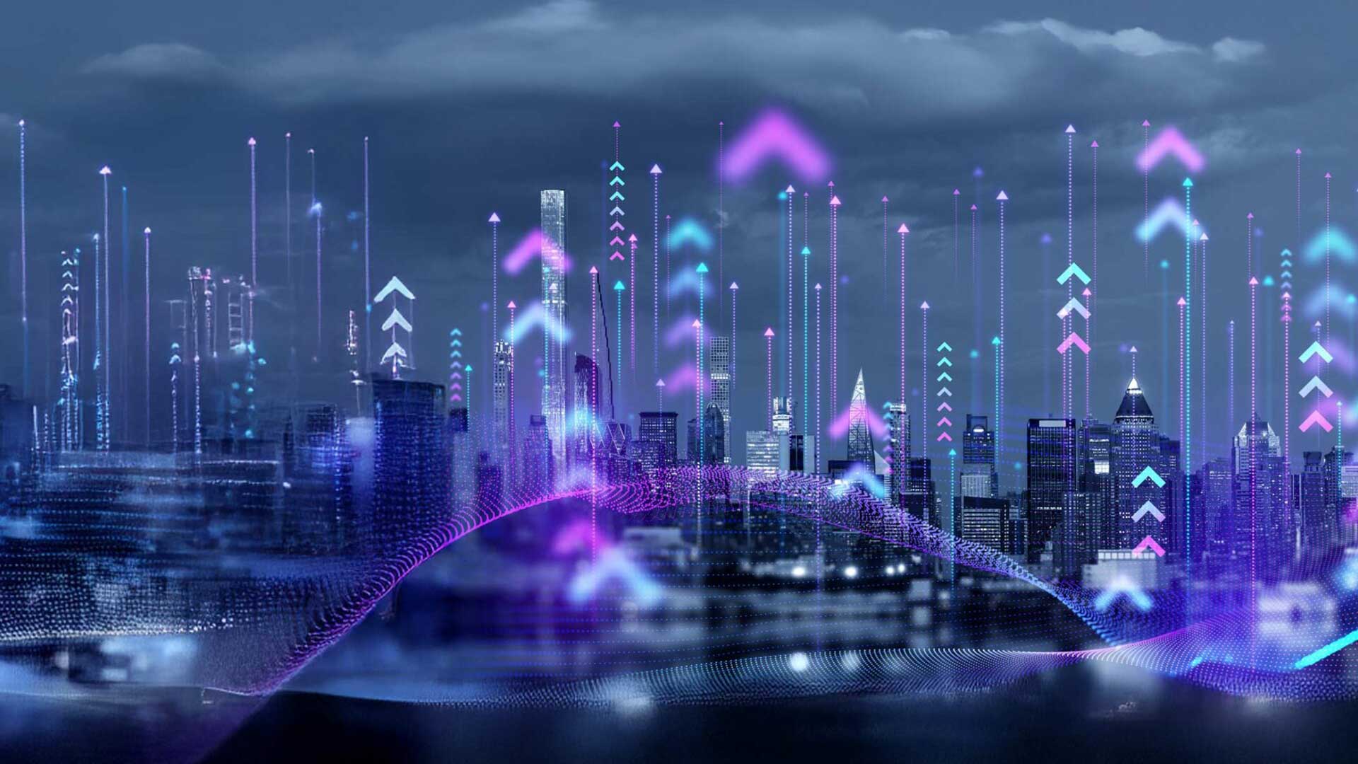 City scape with digital image of arrows pointing to the sky in teal and purple colors