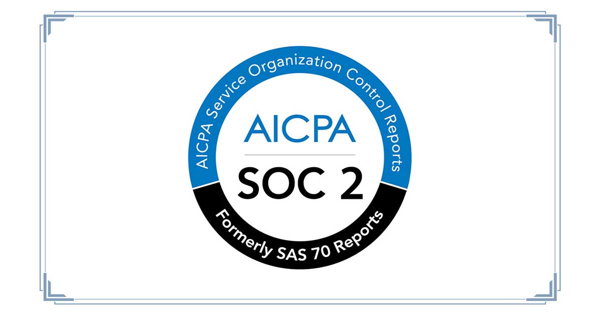 A circular logo with "AICPA SOC 2" in the center. The blue outer ring reads "AICPA Service Organization Control Reports" and the black inner ring says "Formerly SAS 70 Reports."