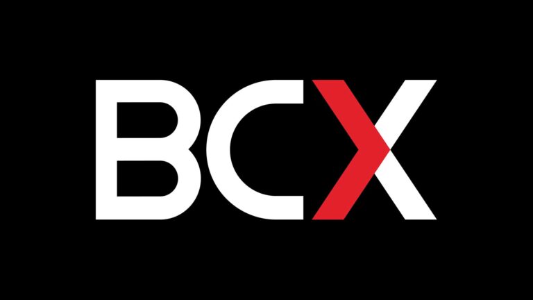 BCX Logo - white words, half the X is red on a black background