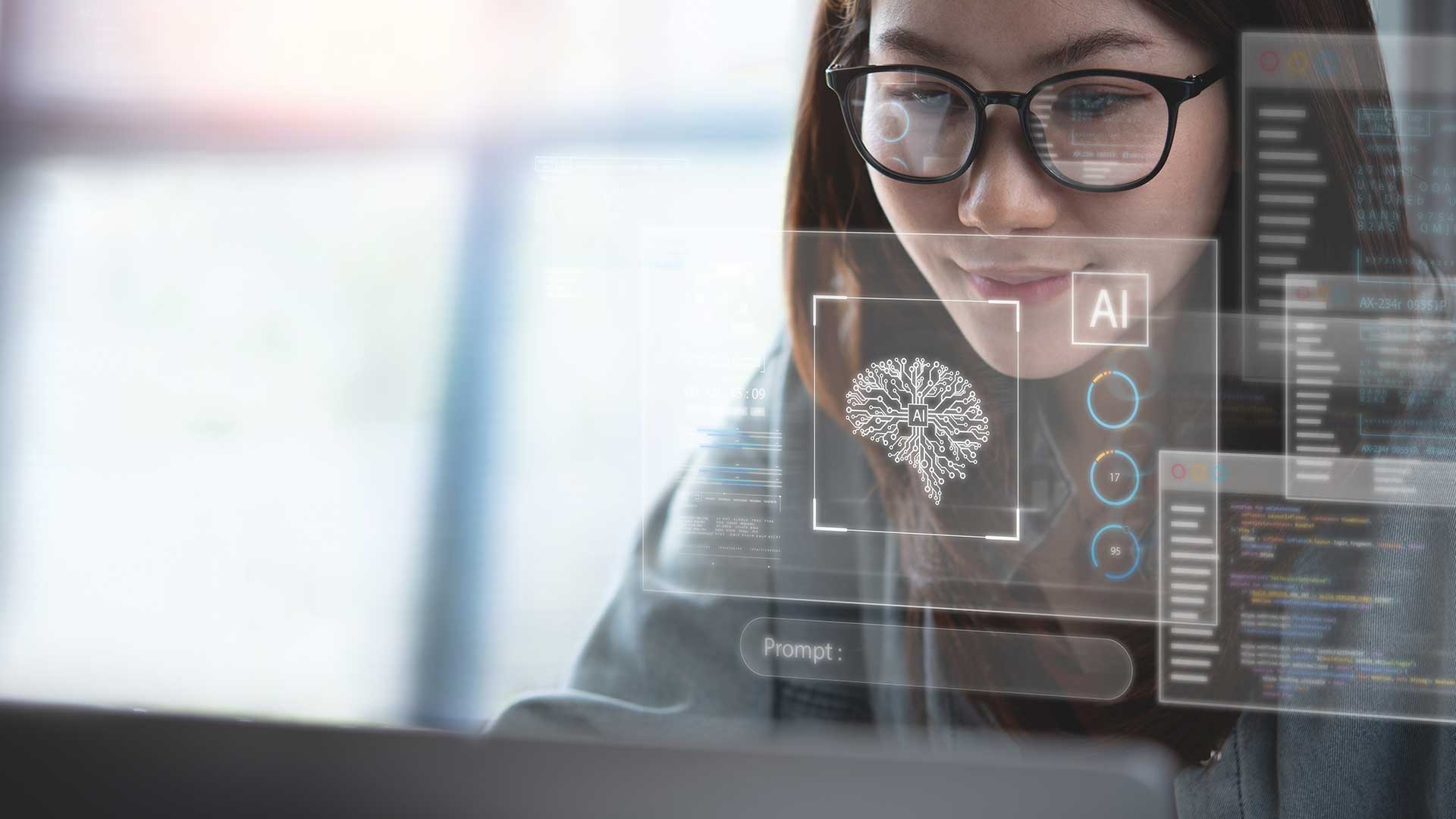 Woman looking at screen with AI theme