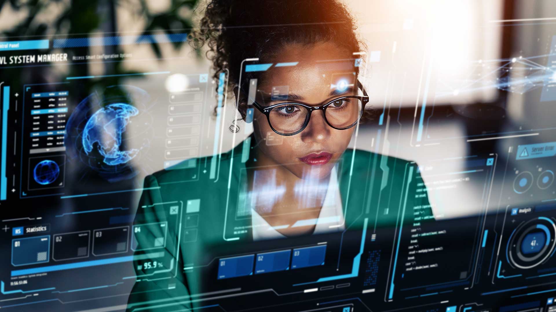 Woman looking at screen with AI theme