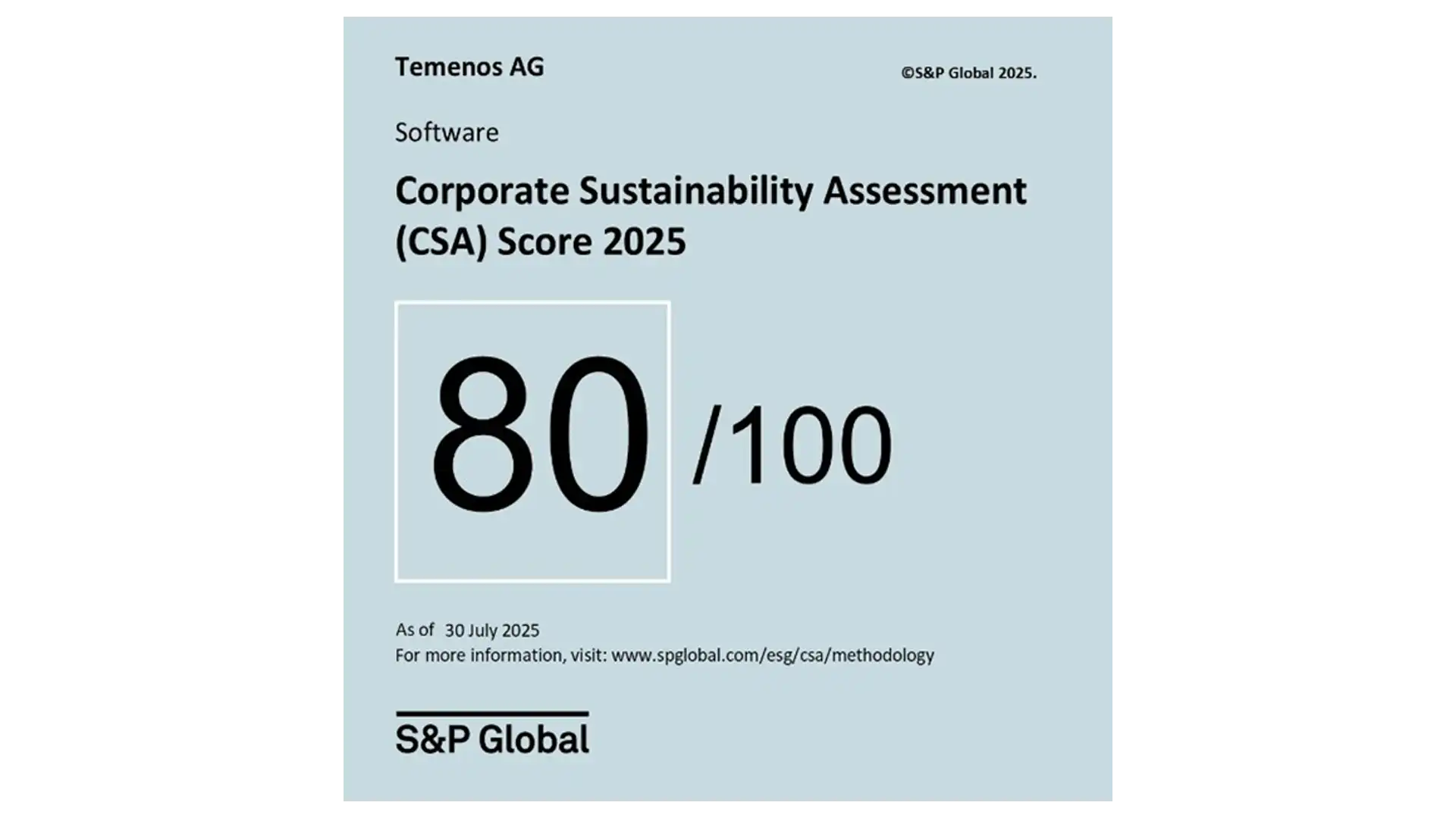 Graphic for S&P Global Corporate Sustainability Assessment 2024 with a score of 80/100. Includes S&P Global and Sustainable1 logos.