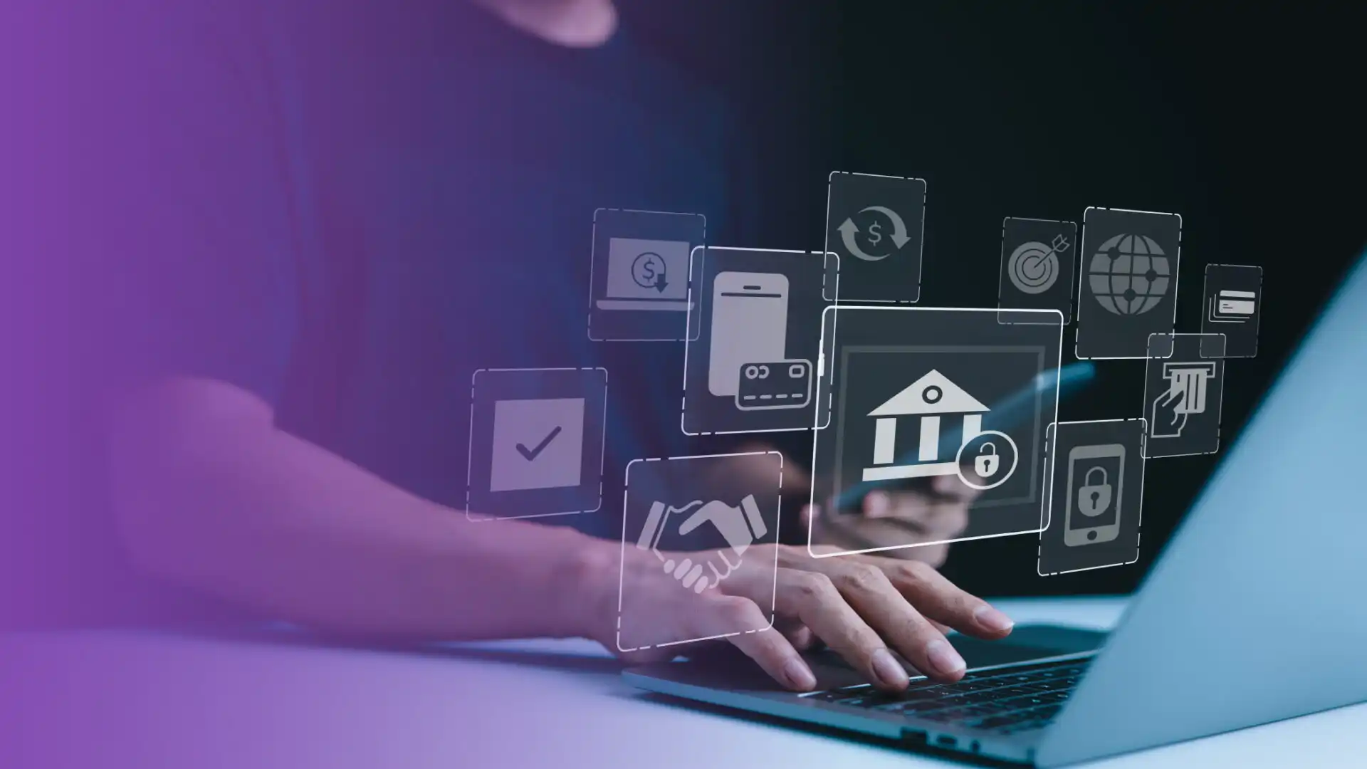 Man typing on computer with AI generated banking icons hovering above the keyboard