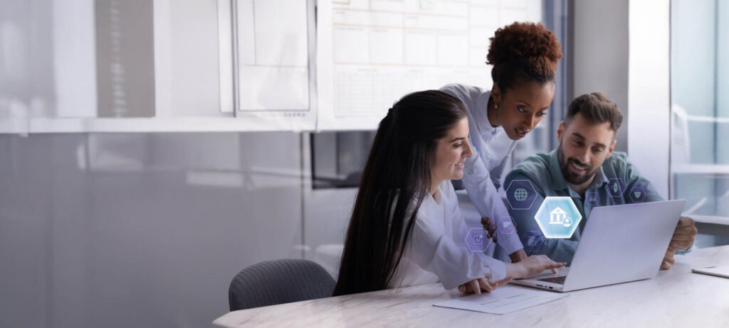 A geometric face with glowing nodes is scanned by a smartphone, illustrating secure, seamless identity verification. Keywords highlight innovation.