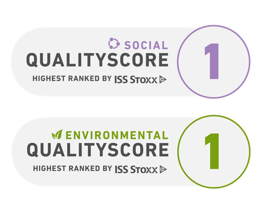 "QualityScore badge by ISS ESG featuring a large number 1 in a gradient circle. Highlights 'Environmental Social Governance' with emphasis on scoring."