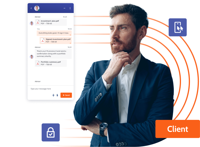Video call between a financial advisor and a client, with document sharing and co-browsing of a PDF file titled 'financial-product.pdf'.